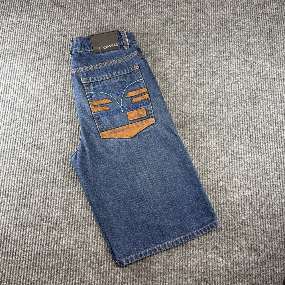 Rocawear Jean Shorts Mens 31" Blue Baggy Hip Hop Embroidered Streetwear Y2K VTG